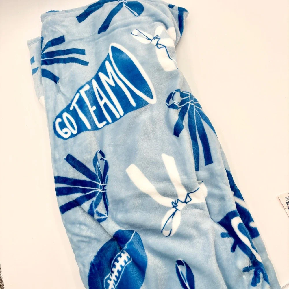 Comfy Football Plush Throw Blanket Spirit Cheerleader Cheer Go Team Blue White - Picture 3 of 6